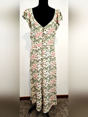 LOFT Floral Midi Dress Button Front Cottagecore Feminine Romantic Spring Sz 8